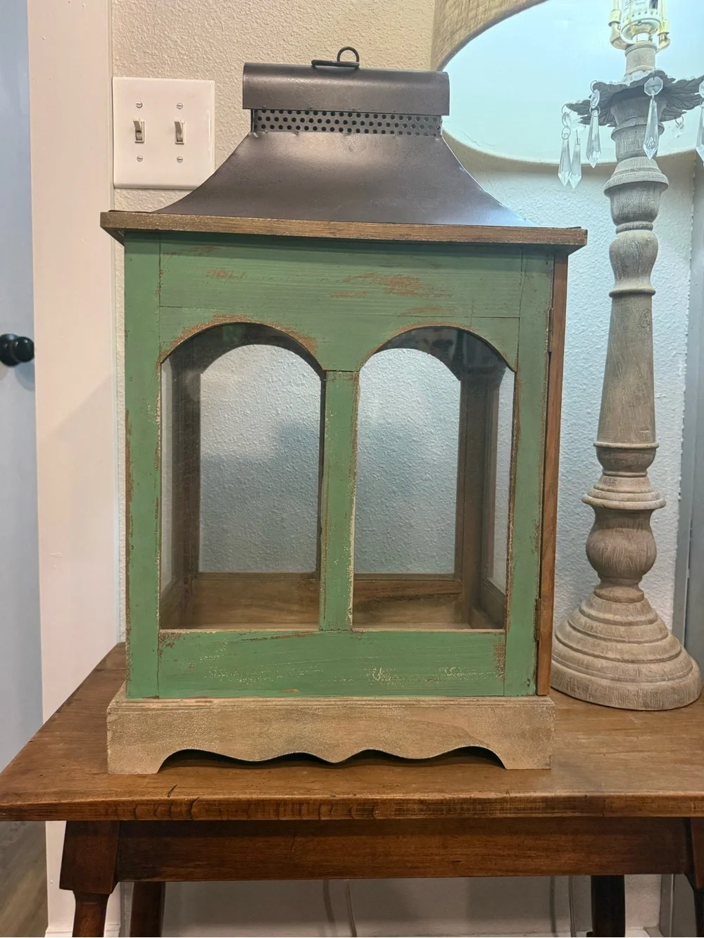 Farmhouse Wooden Lantern Distressed Green Glass Candle Holder Rustic Decor